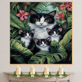 Paradise Paws: Tuxedo Mom and Three Kittens in a Tropical Forest on Ready to Hang 1.5" Thick Canvas Wrap, Floating Framed Canvas, Flat Rolled Canvas